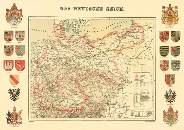 Das deutsche Reich Karte von 1872 & 20 Wappen Königreich Preußen Hessen 16 A3