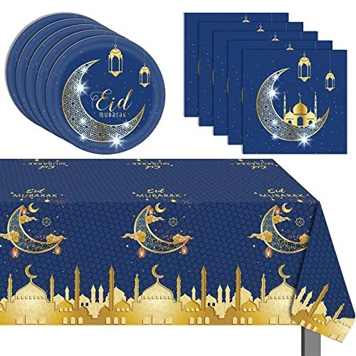 Juego de vajilla Eid Ramadan Mubarak incluye platos servilletas cubierta de mesa púrpura y