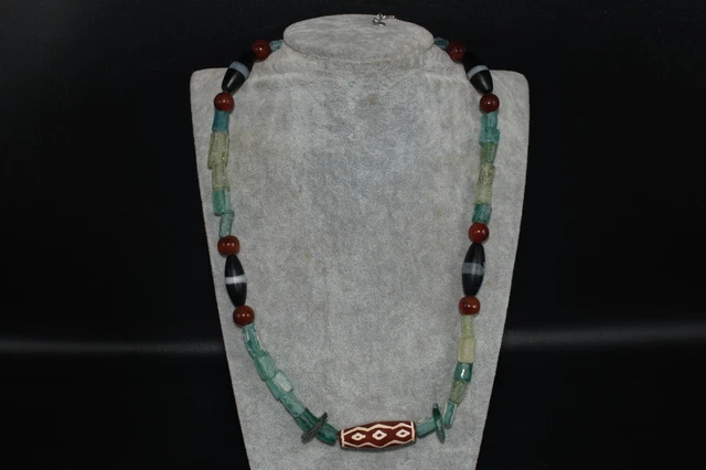 Beautiful Antique Old Etched Carnelian Pyu Chung Dzi Roman Glass Bead Necklace 2