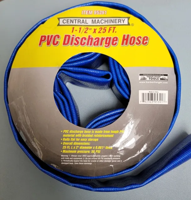 Central Machinery Water Discharge Hose 1-1/2" x 25 FT  Blue PVC Discharge Hose