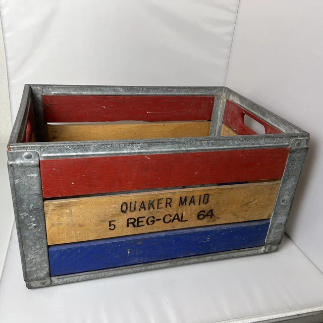 Quaker Maid Milk Crate Wood & Steel Los Angeles 1950's Red Yellow Blue RARE