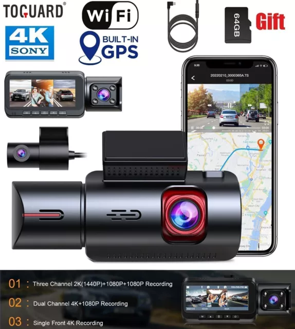 4K Dash Cam Front and Rear TOGUARD 3 Channel Front Inside Rear Dash Camera  Car Camera with IR Night Vision, GPS, Loop Recording, G-sensor, Parking