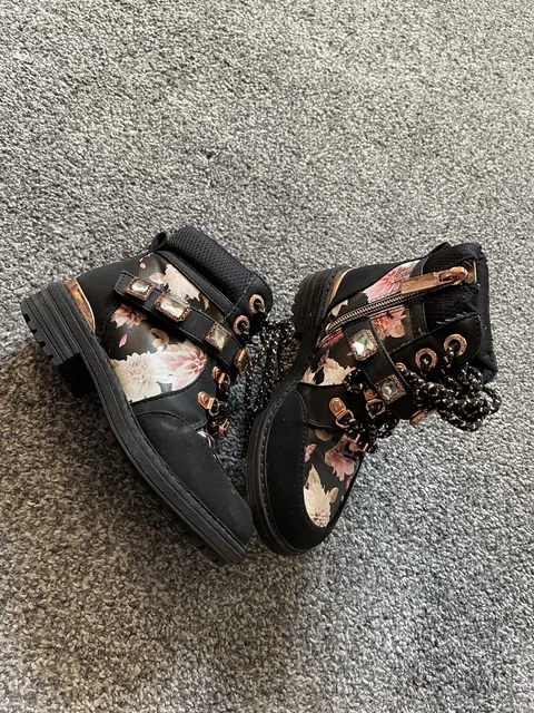 Girls Ted Baker Black Floral boots ankle infant size 10 VGC Free Post