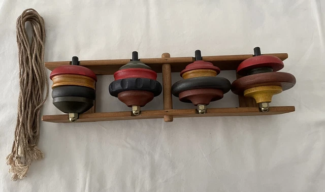 Vintage Wooden Spinning Tops & Wooden Holder