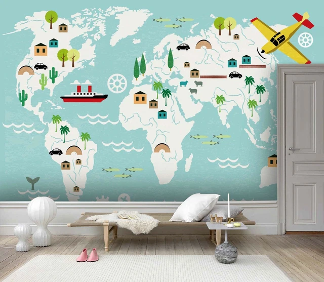 3D CARTOON WORLD Map Wallpaper Wall Mural Removable Selfadhesive