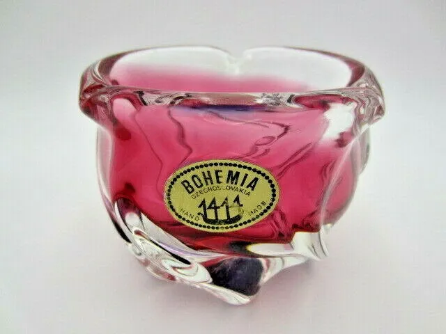 Chribska organic footed round pink purple sommerso style art glass bowl label