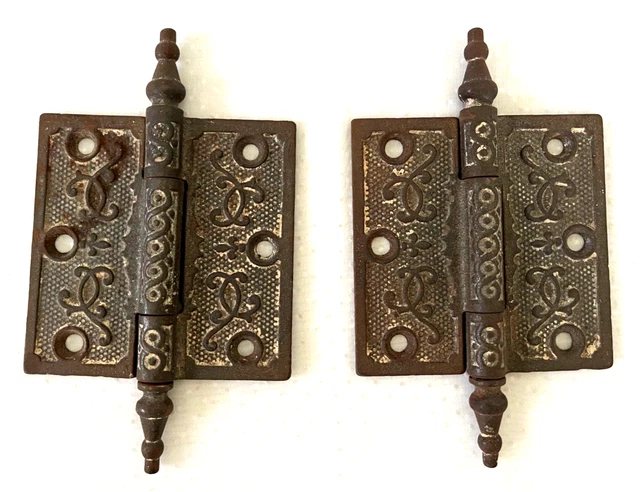 2 Cast Iron Door Hinges 3 1/2" X 3 1/2" Antique Steeple Top Pin Victorian Vtg.