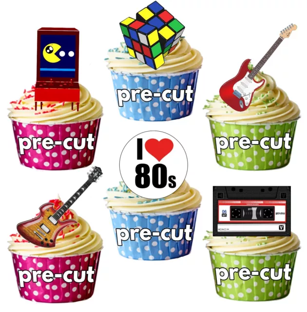 PRECUT 1980 80's Retro Party Themed Edible Cupcake Toppers Cake Decorations