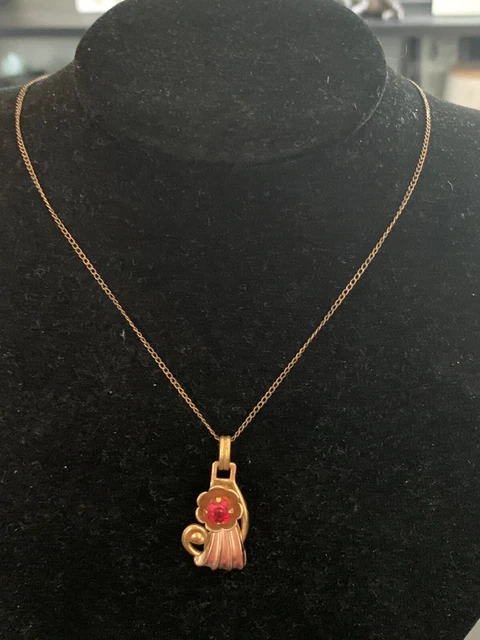 Iskin Gold Filled Pendant Necklace- Red Rhinestone  1/20 12K GF Vtg Deco Signed
