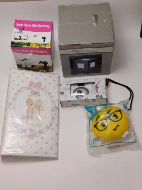 Kids 5Pc lot; small camera, smilyface plush, Photo cube, Precious moments album