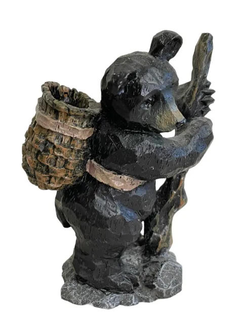 Hiking Black Bear With Basket Knapsack & Walking Stick Resin Figurine