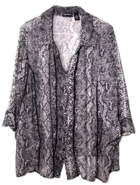 MAGGIE BARNES BLOUSE ladies size 4X black gray snake print silky 3/4 sleeve