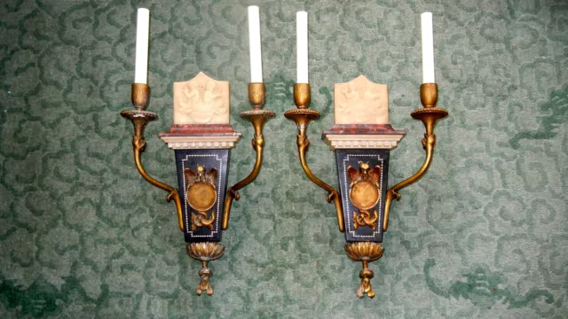 A Pair of 19th C. Neoclassical Marble / Giltwood Wall Sconces, Electrified.