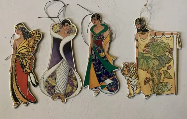 (4) RETRO 20's  Art Nouveau CHRISTMAS TREE ORNAMENTS Shackman 1992  Die Cut