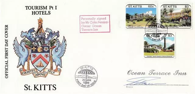 1988 St Kitts - Tourism Hotels FDC - Signed by Colin Pereira (Ocean Terrace Inn)