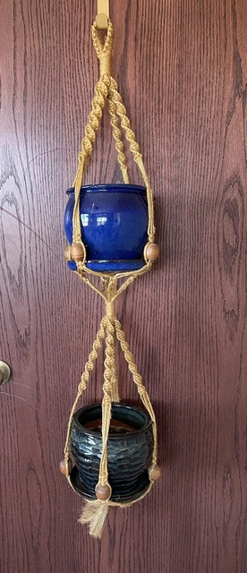 Vintage Large Macrame 52" Rope Jute Plant Hanger Retro Boho Large Wooden Beads