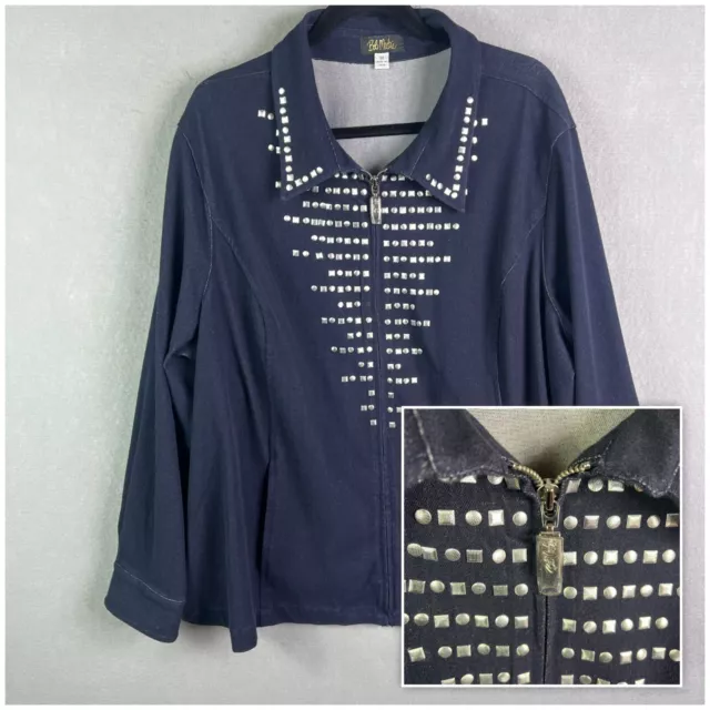 Bob Mackie Wearable Art Denim Jacket 3X Plus Blue Full Zip Studded QVC