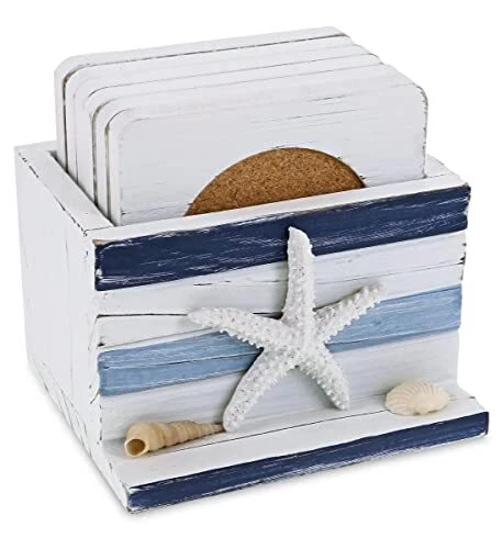 COTA Global Blue Stripes Nautical Wooden Coaster Set - Table Top Centerpiece