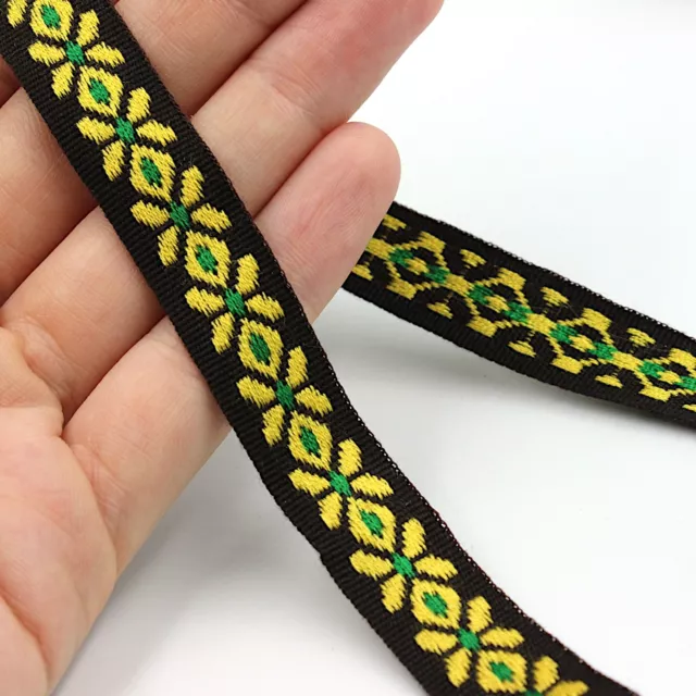 Vintage brown braid with yellow embroidered flower pattern 15mm 2795