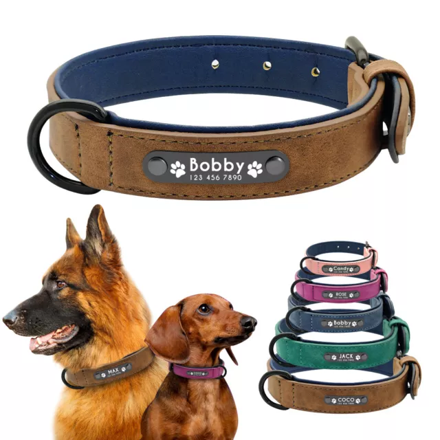 Custom Personalized Dog Collars Leather Padded Pet ID Name Collar Engraved S-XXL