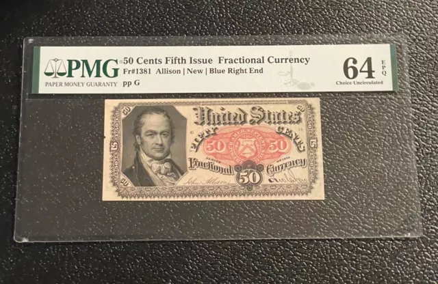 50 CENTS FIFTH ISSUE FRACTIONAL CURRENCY Fr #1381 PMG 64 CHOICE UNCIRCULATED EPQ