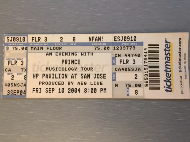 Prince UNUSED Concert Ticket 2004 San Jose Excellent Condition RARE
