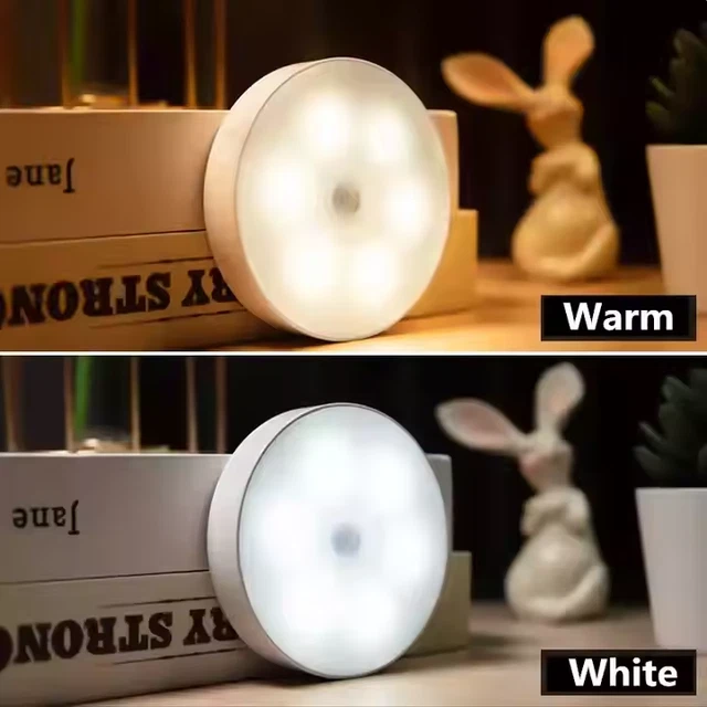 ROUND MOTION SENSOR Light USB Wireless PIR Battery Wall Cabinet Stair ...