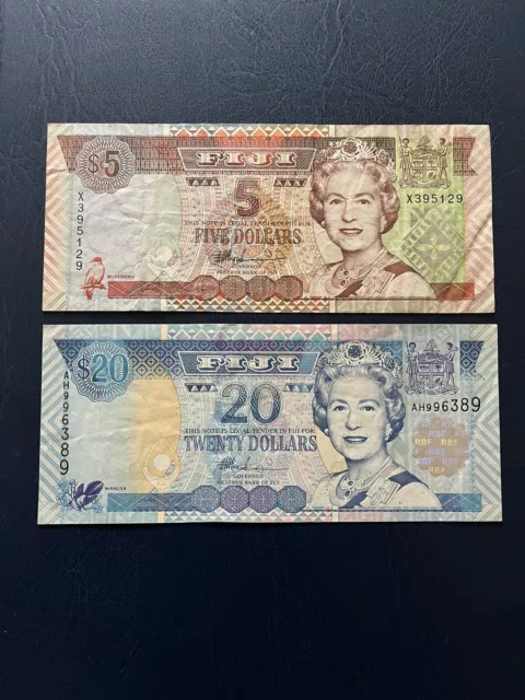 Fiji Dollar 5 & 20 Denomination Bank Notes Featuring Queen Elizabeth The 2nd.