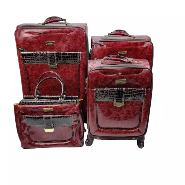 Samantha Brown 4 Piece Red Croc Patent Faux Leather Luggage Set