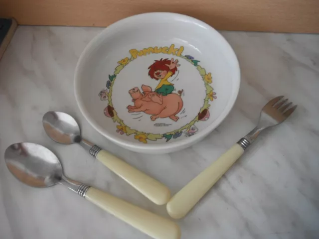 Assiette  De Bebe Creuse A Bouillie Porcelaine + Couverts