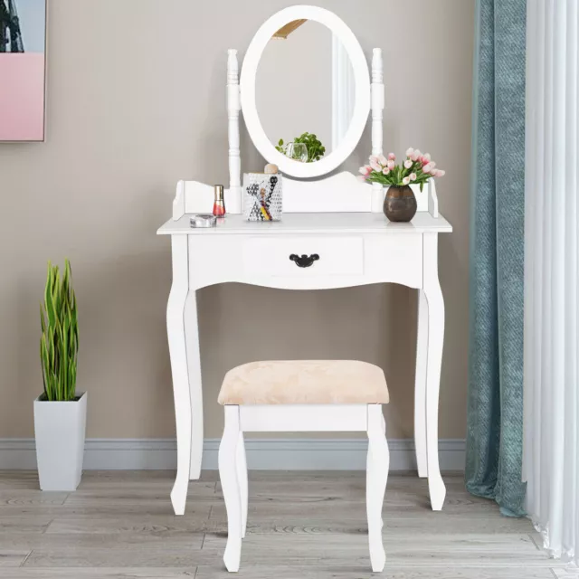 Wood Makeup Dressing Table Vanity Stool Set Jewelry Desk W/ Rotatable Mirror 3