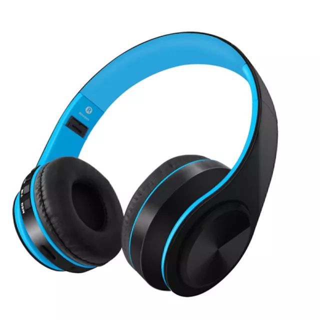 Blue Wireless Bluetooth Foldable Headphones Over Ear Hi-Fi Stereo Headset For PC