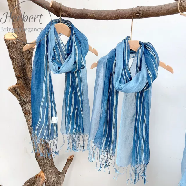 Autumn/Winter Linen Tie-Dye Scarf Gradient Blue Wax Tassel Warm Silk 2