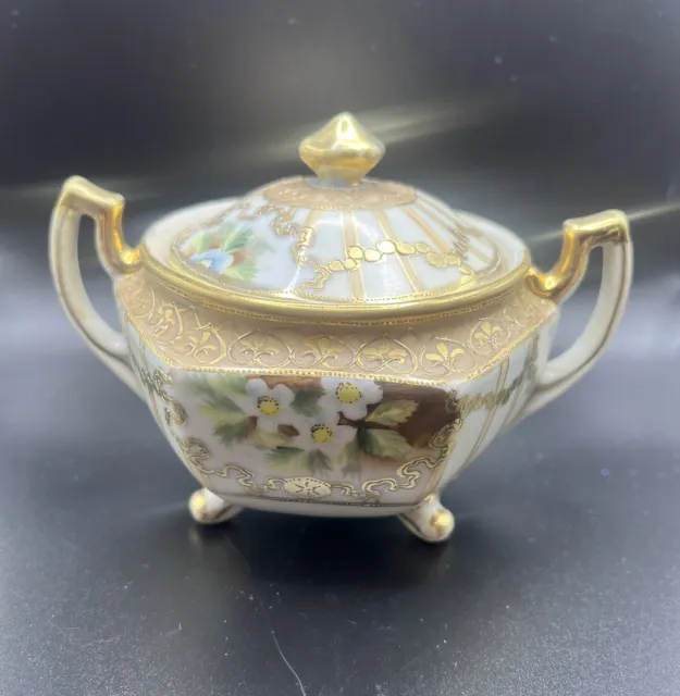 Hand Painted Nippon Creamer And Sugar Flowers Gold Gilded Noritake