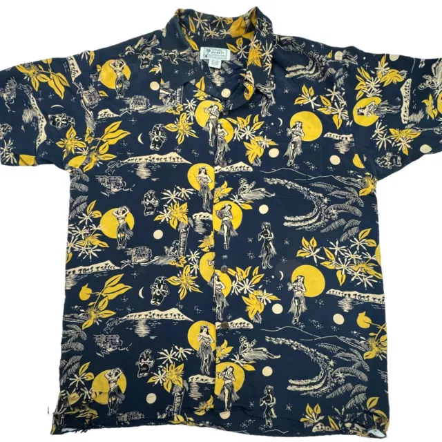 Avanti Mens Moonlight Hula Girl Silk Hawaiian Shirt L Black Button VINTAGE FLAWS