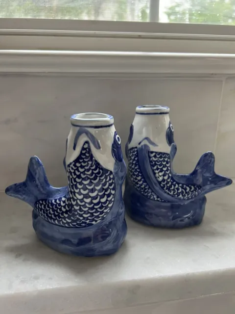 Pair Of Vtg Chinese Blue & White Porcelain Koi Fish Open Mouth Vase Rare