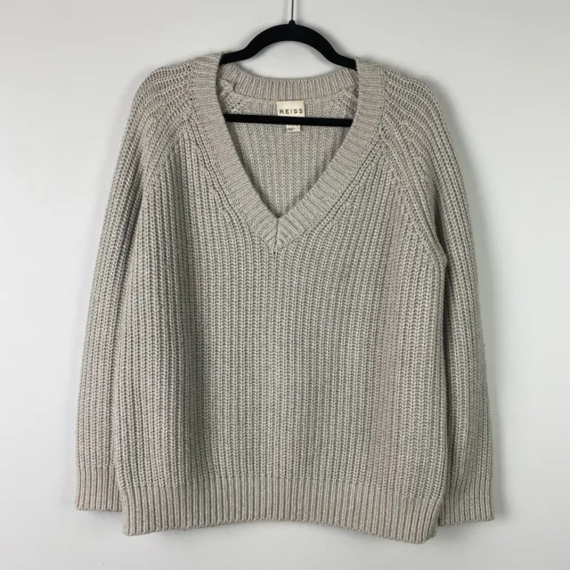 Reiss Pullover Sweater Womens Medium V Neck Gray Silver Shimmer Relaxed Fit