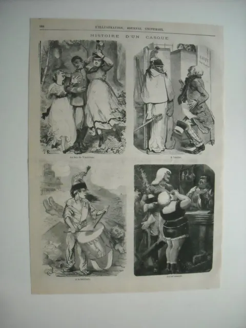 Gravure 1872. Histoire D’un Casque. Au Bois De Vincennes. A L’atelier. A La Barr
