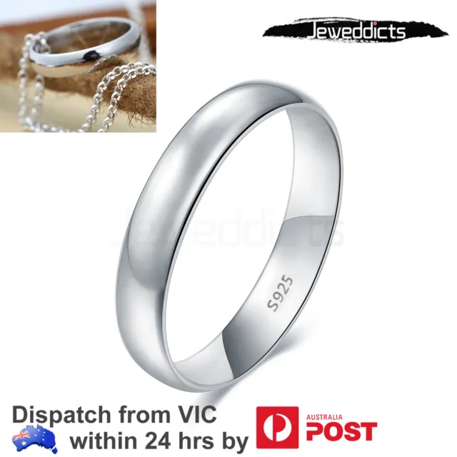 Sterling Silver Ring High Polish Plain Dome Comfort Fit Wedding Band 4mm