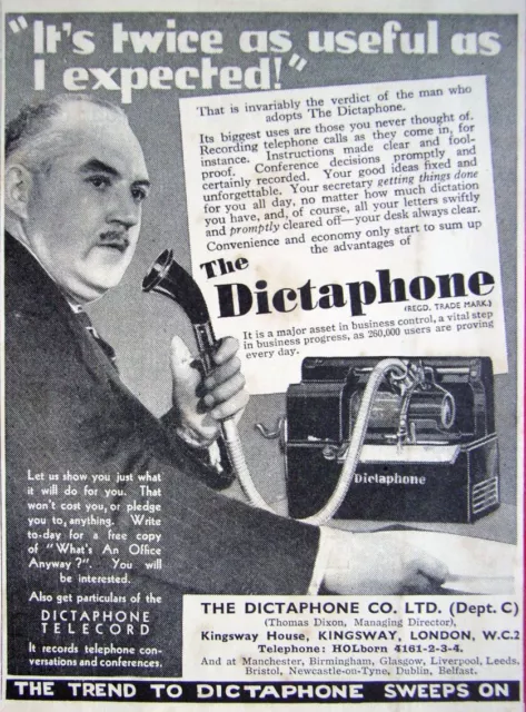 'DICTAPHONE' Office Voice Recorder Advert : Original Small 1937 Print AD