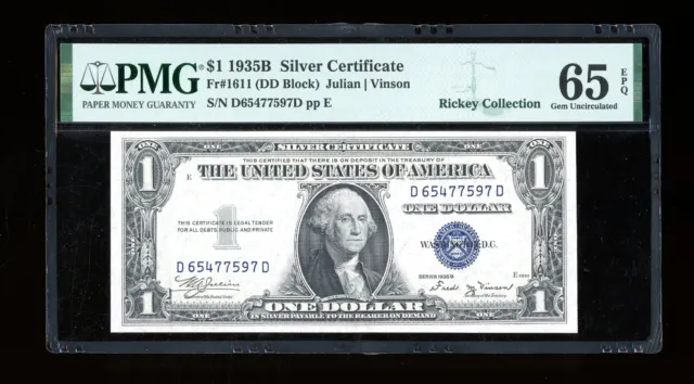 $1 1935-B Silver Vinson Gem DD Block Fr. 1611 Gem PMG 65 EPQ Serial D65477597D