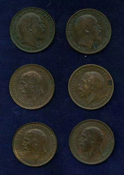 Great Britain England Farthing: 1905, 1908, 1920, 1928, 1929, & 1932, Lot Of (6)