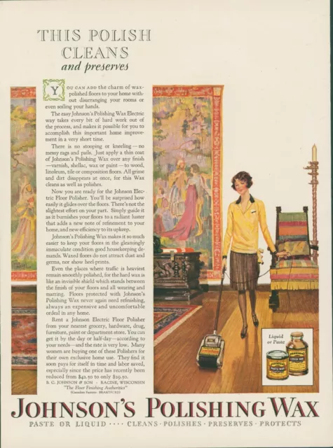 1928 Johnsons Polishing Wax Tapestry Art Cleans Preserves Vintage Print Ad PR4