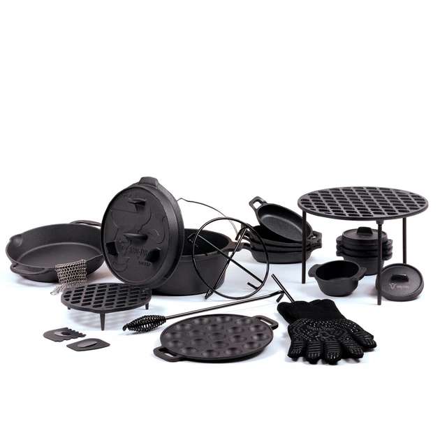 BBQ-Toro 18-teiliges Dutch Oven Set mit Gusseisen Feuertopf Grillpfanne *B-Ware*