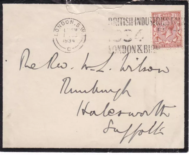 GB London 1934 Mourning Cover & Content to Halesworth Suffolk 1½d Rate
