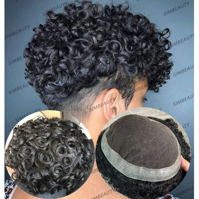 24mm Curly Men Toupee Durable 100% Human Hair Male Wigs  Australian Lace &Pu