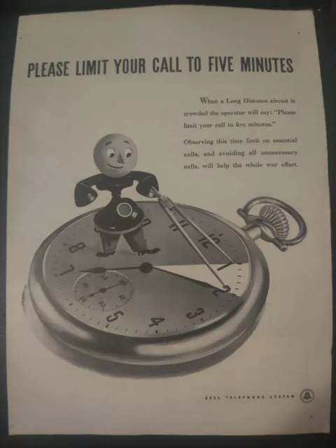 Bell Telephone System Pocket Watch Mascot WWII War Effort 1943 Vintage Print Ad