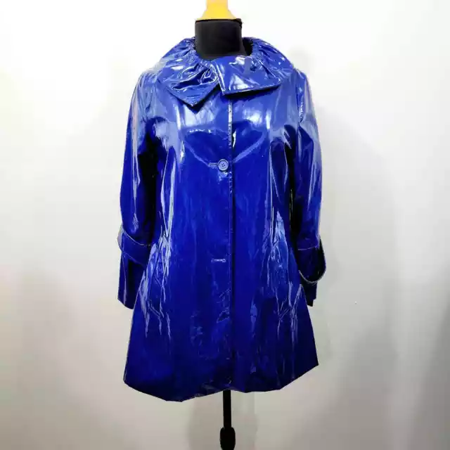 Vintage George Simonton Cobalt PU Patent Leather Short Trench Raincoat Size XS