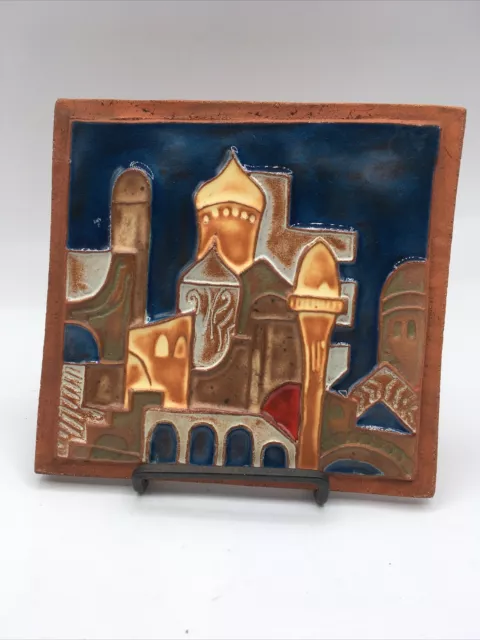 vtg terra cotta glazed art tile trivet wall art building scape Signed