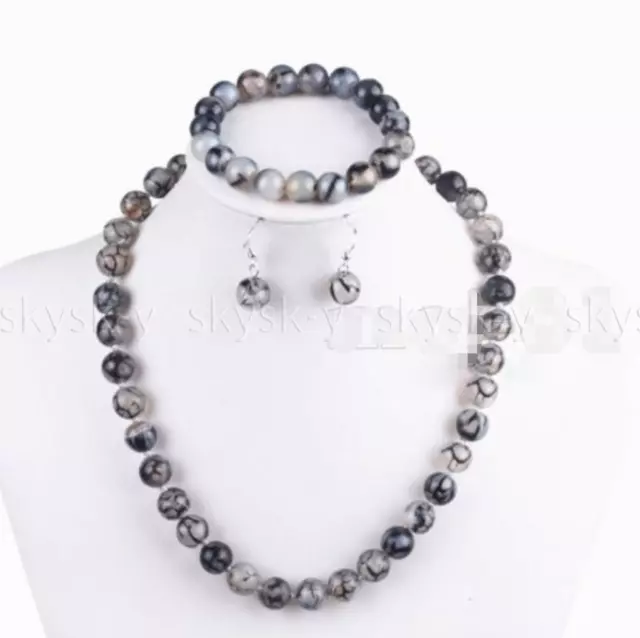 10mm Natural Black White Dragon Veins Agate Necklace Bracelet Earrings Set AA